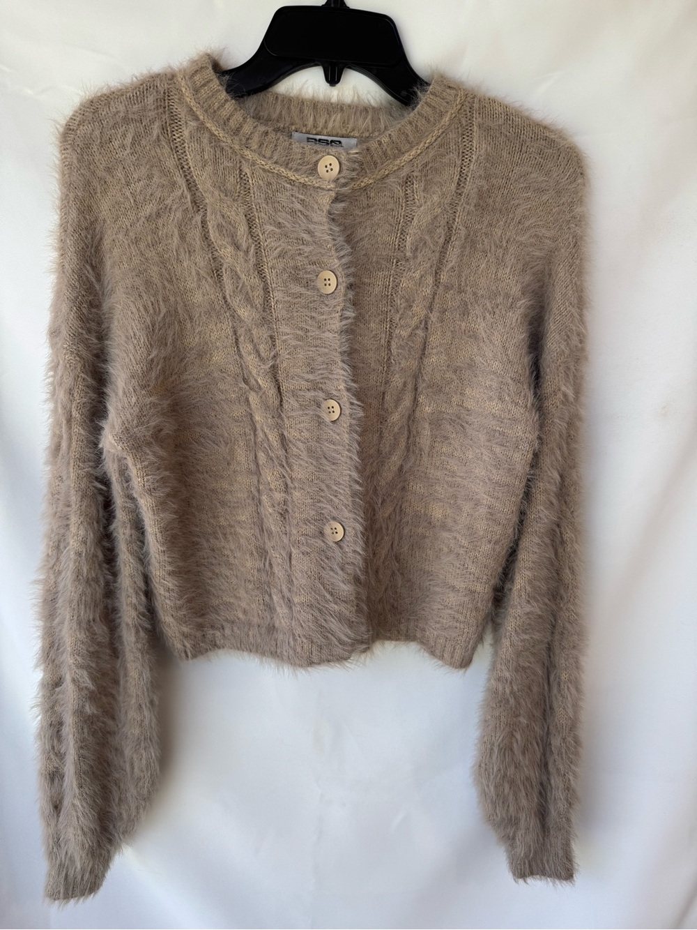 RSQ Fuzzy Cable-Knit Button Cardigan in Taupe